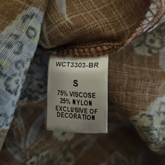 THML Boho Floral Coffee Brown Stripe Detail Ruffle High Neck Short Sleeve Top - Picture 8 of 9